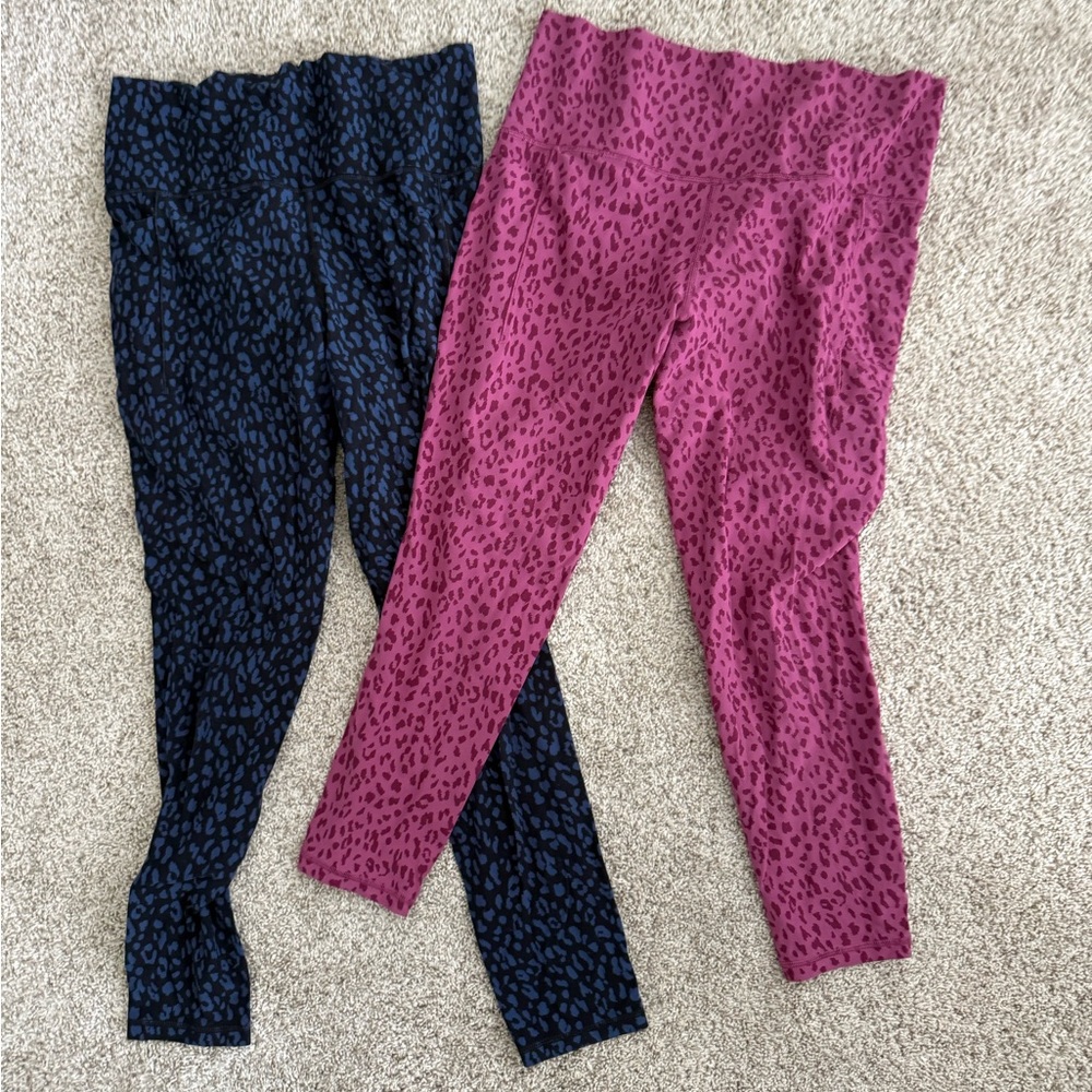 Pair of 2 Athleta Salutation Stash Pocket Dot Leopard Print 7/8 Leggings L/LT